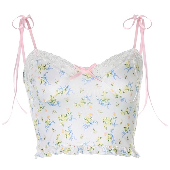 Floral Tie Lace Trim Crop Tank Top - Picture 5 of 8